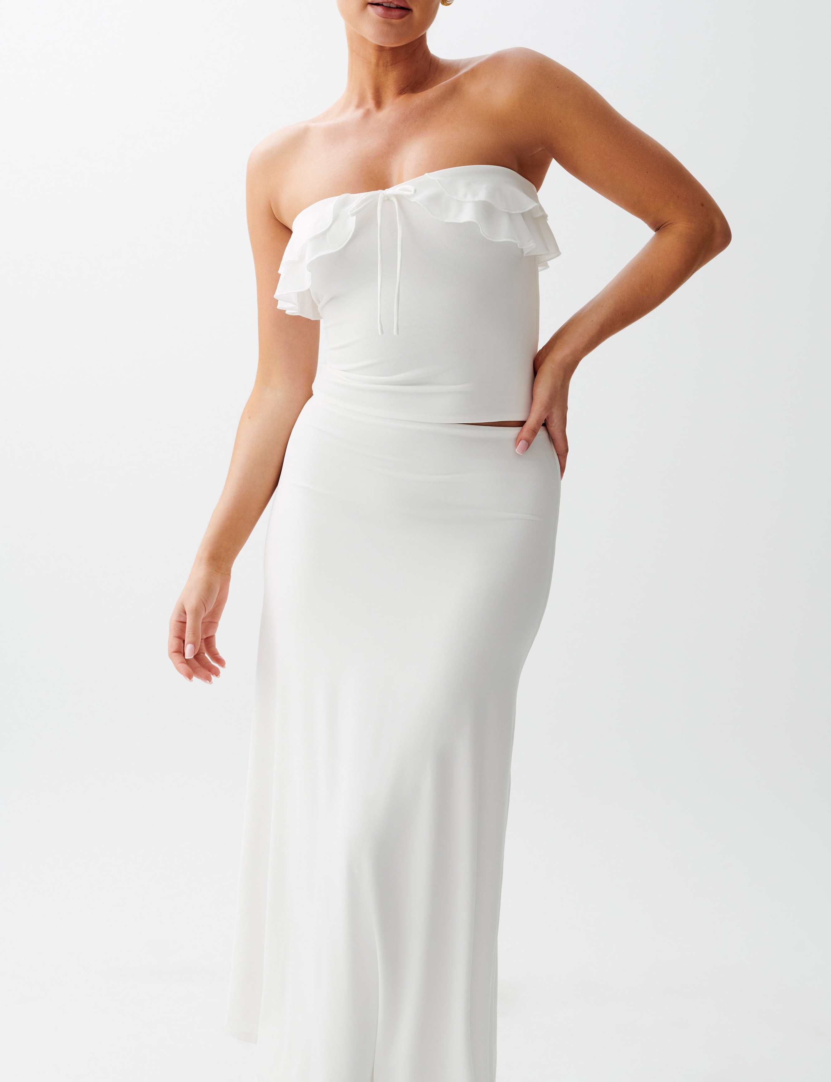 White Strapless Slinky Ruffle Top