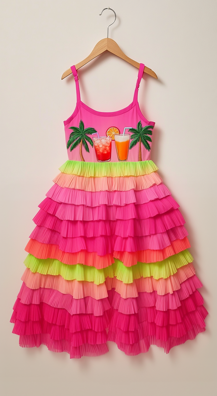 Summer fashion pink and green contrast ruffled suspender dress  170a