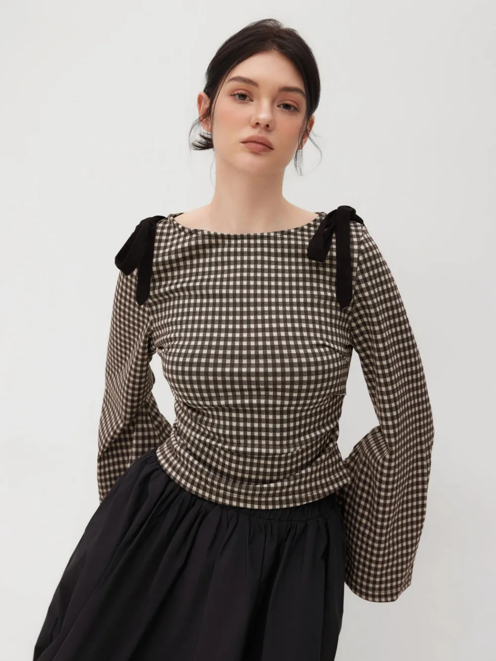 Boat Neck Gingham Bowknot Ruched Long Sleeve Top