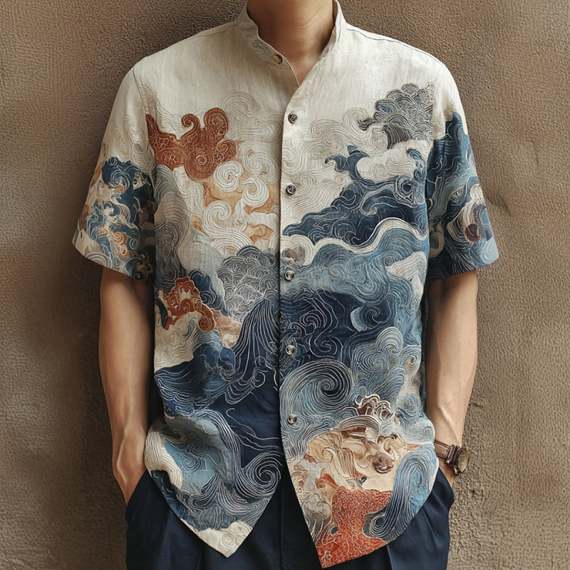 Men's Japanese Art Ocean Pattern Casual Shirt