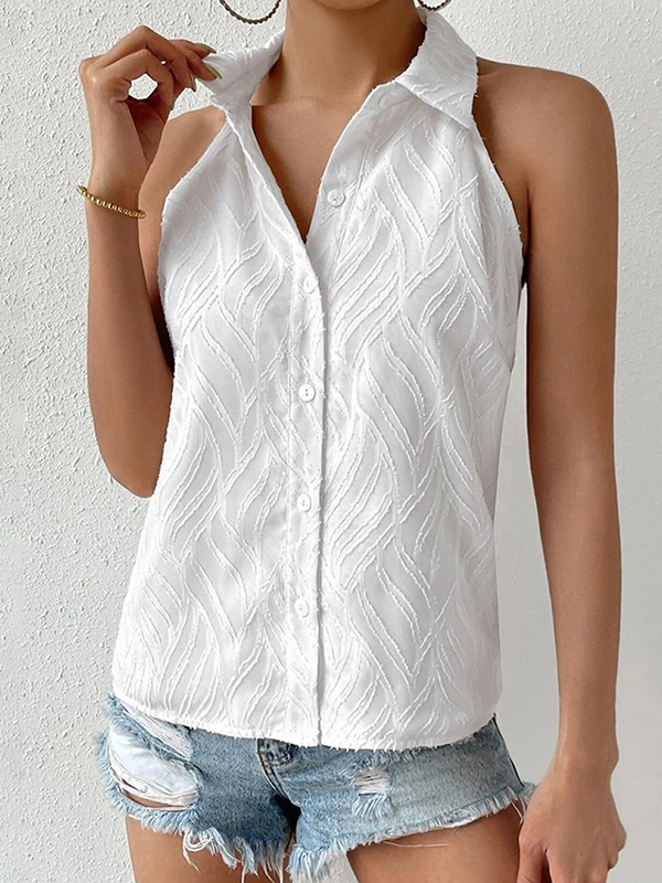 Jacquard See-Through Solid Color Sleeveless Lapel Blouses&Shirts Tops
