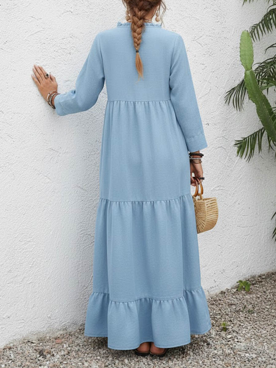 Women's Solid Color Round Neck Long Sleeve Casual Loose Cotton Linen Dress