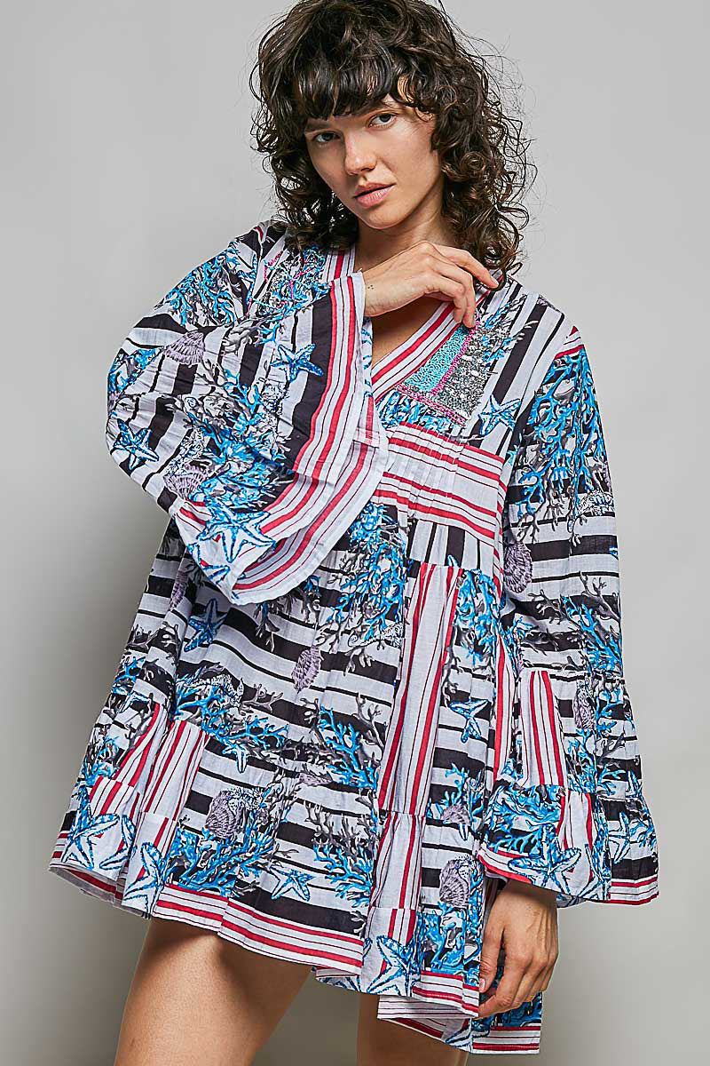 Striped Floral Long Sleeve Mini Dress with Pintuck Detail