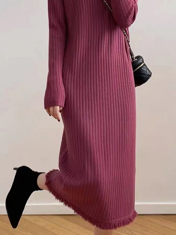 Fringed Solid Color Long Sleeves Loose Mock Neck Sweater Dresses Midi Dresses