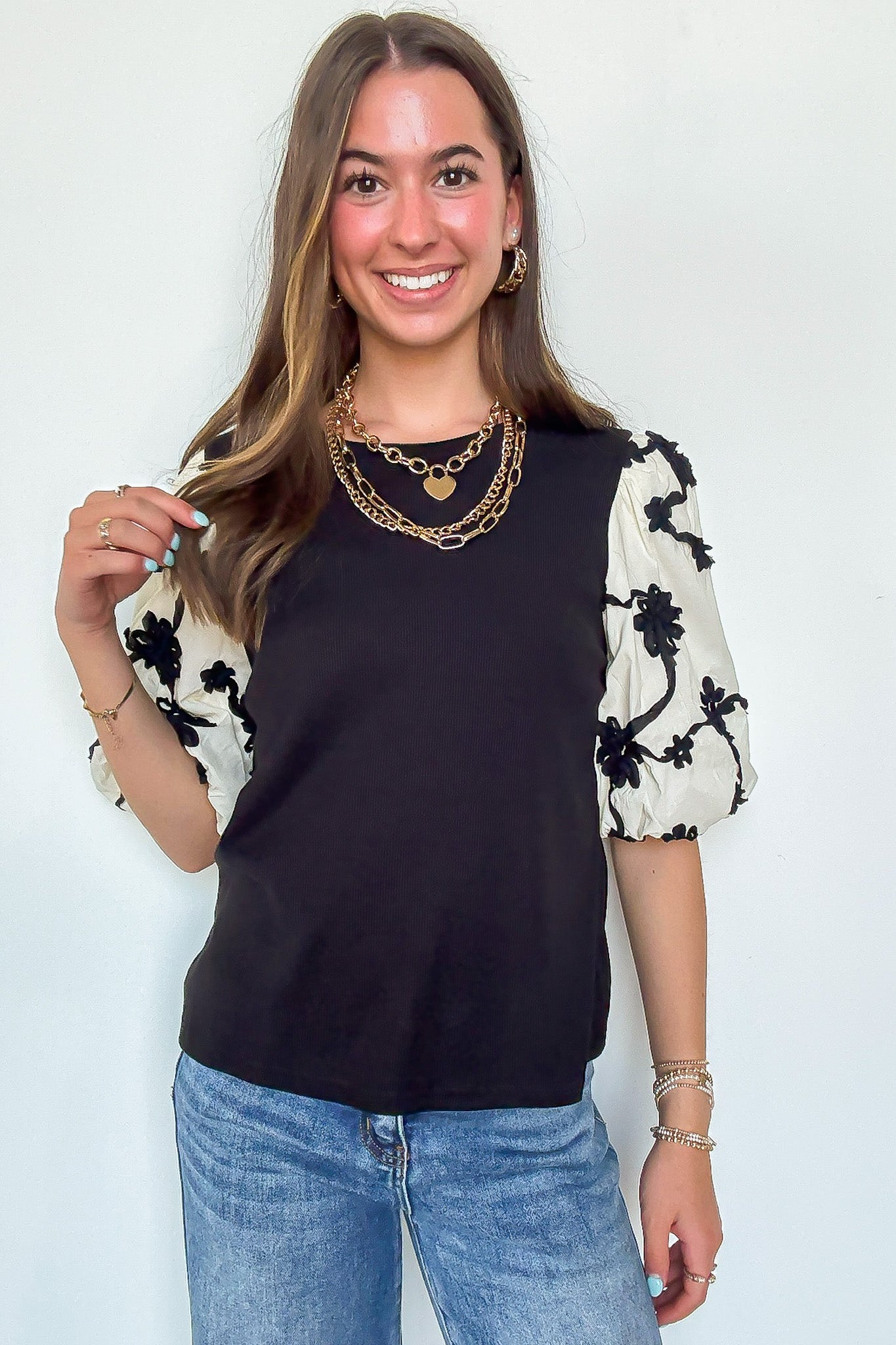 Mix Media Contrast Embroidered Knit Top