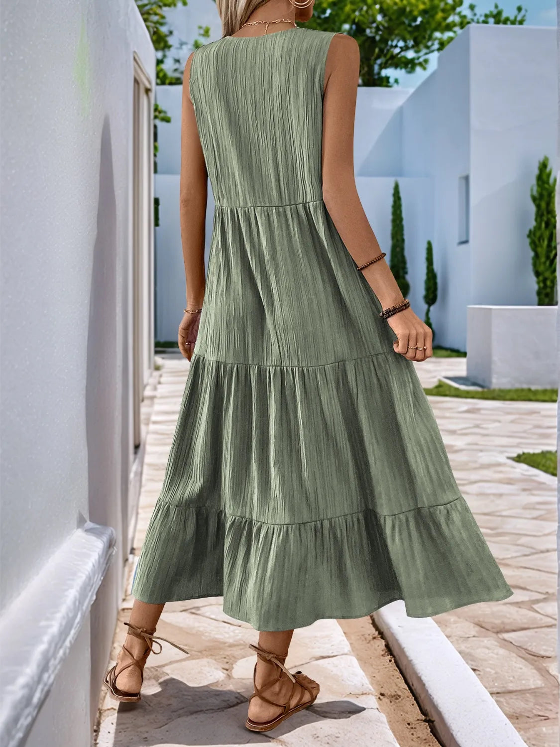 Notched Sleeveless Midi Tiered Dress