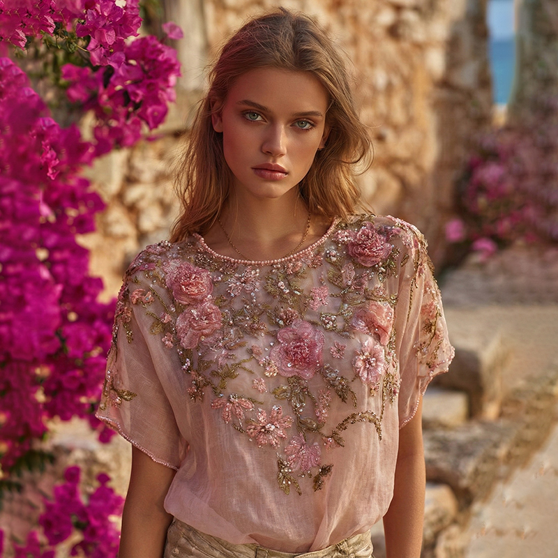 Vintage Boho Pink Roses Embroidered Art Flowy Linen Short Sleeves T-shirt