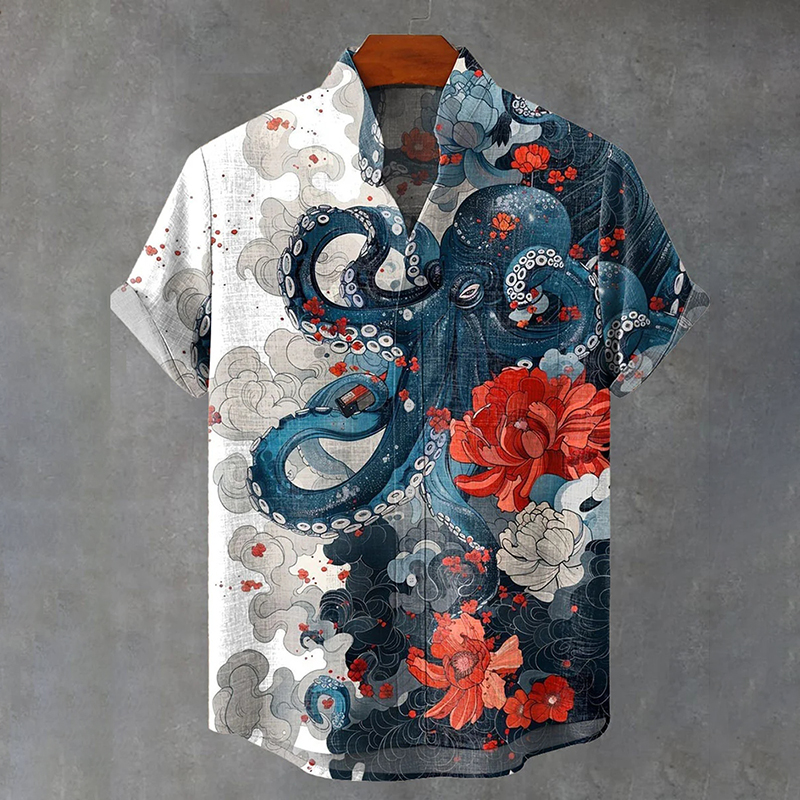 Japanese Style Ocean Octopus Flower Cloud Art Vintage Print Casual Cotton Shirt