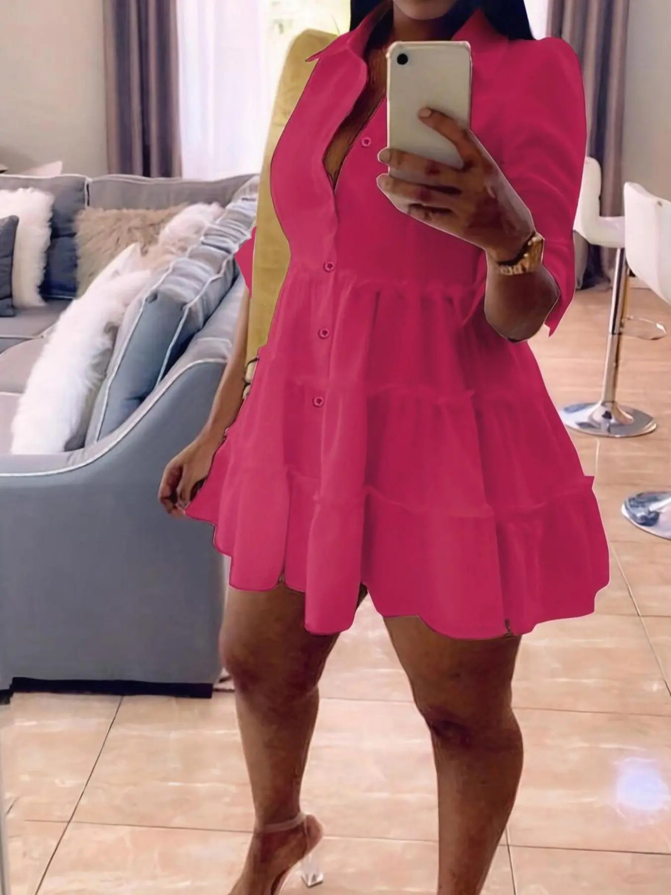 Elegant Frill Trim Button-Down Shirt Dress