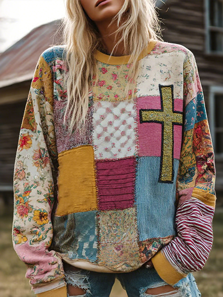 Women's Vintage Cross Floral Patchwork Art Cozy Sweatshirt