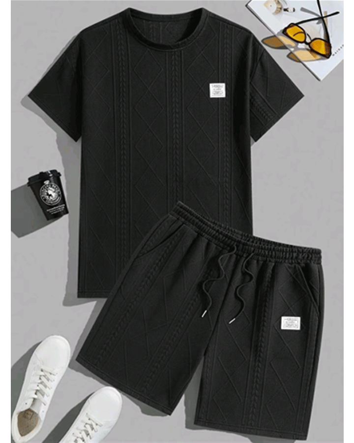 Men’s Textured Summer Two-Piece Set – Short Sleeve Tee & Drawstring Shorts