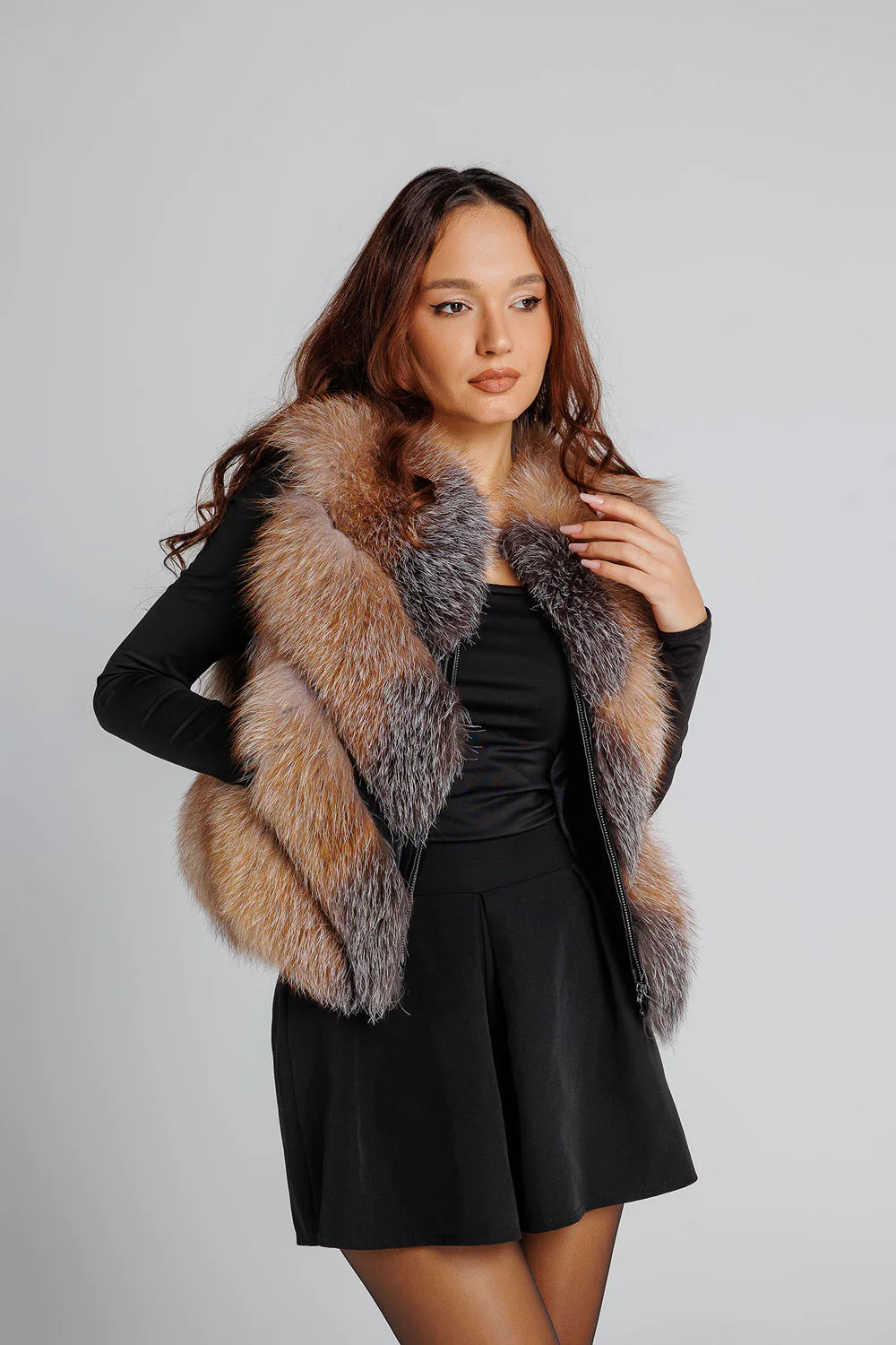 Haină din Blană Naturală de Vulpe Argintie, V Model, Transformabilă, Femei, Brown Frost 350