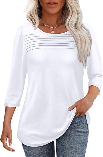 🔥Women’s Pleated 3/4 Sleeve Blouse – Loose Fit Curved Hem Casual Top