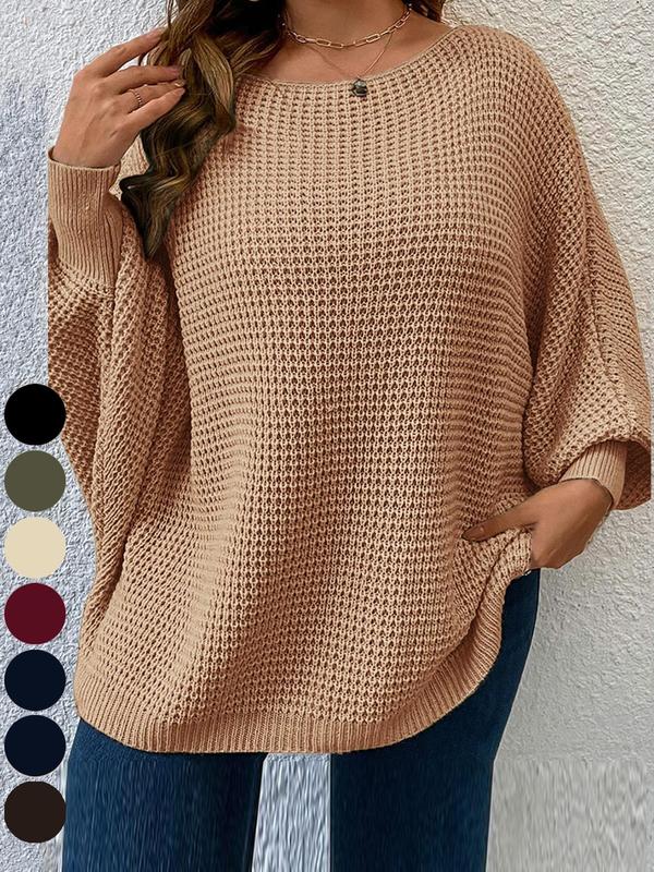 Women's Solid Color Knitted Boat Neck Batwing Sleeve Casual Classic Elegant Pullover Sweater, Autumn/Winter Fall Outfit