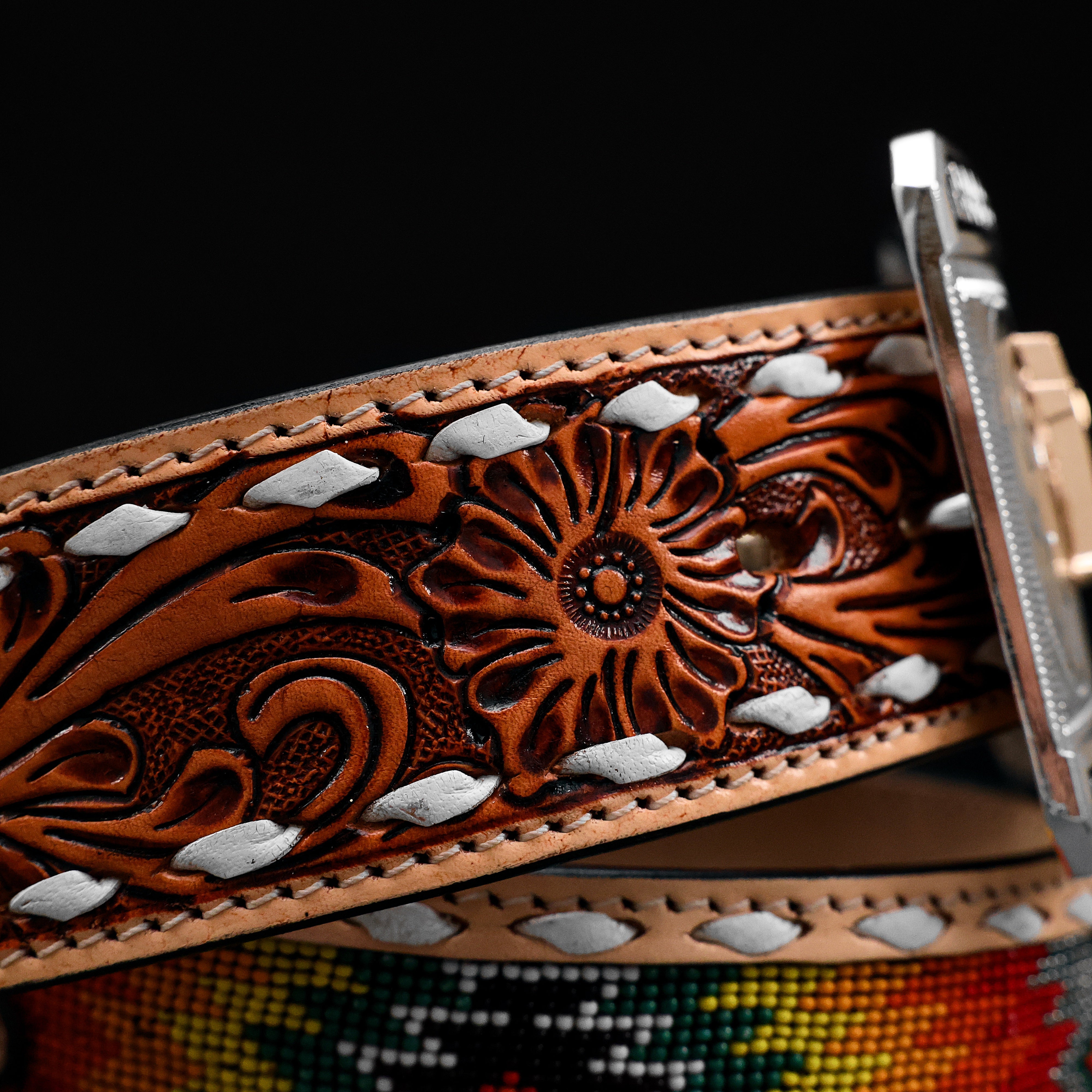 2 Inch Hand-Tooled Artesanal Beaded Leather Belt