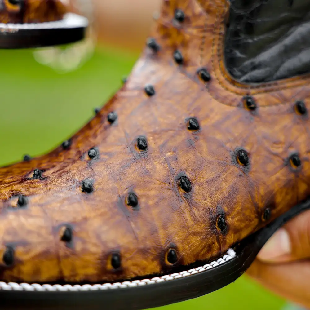 Honey Cognac Ostrich Leather Boots - Square Toe