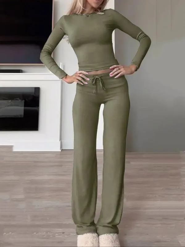 Two-Piece Set Women's Solid Color Long Sleeve Crop Tee & High-Waisted Drawstring Pants Set