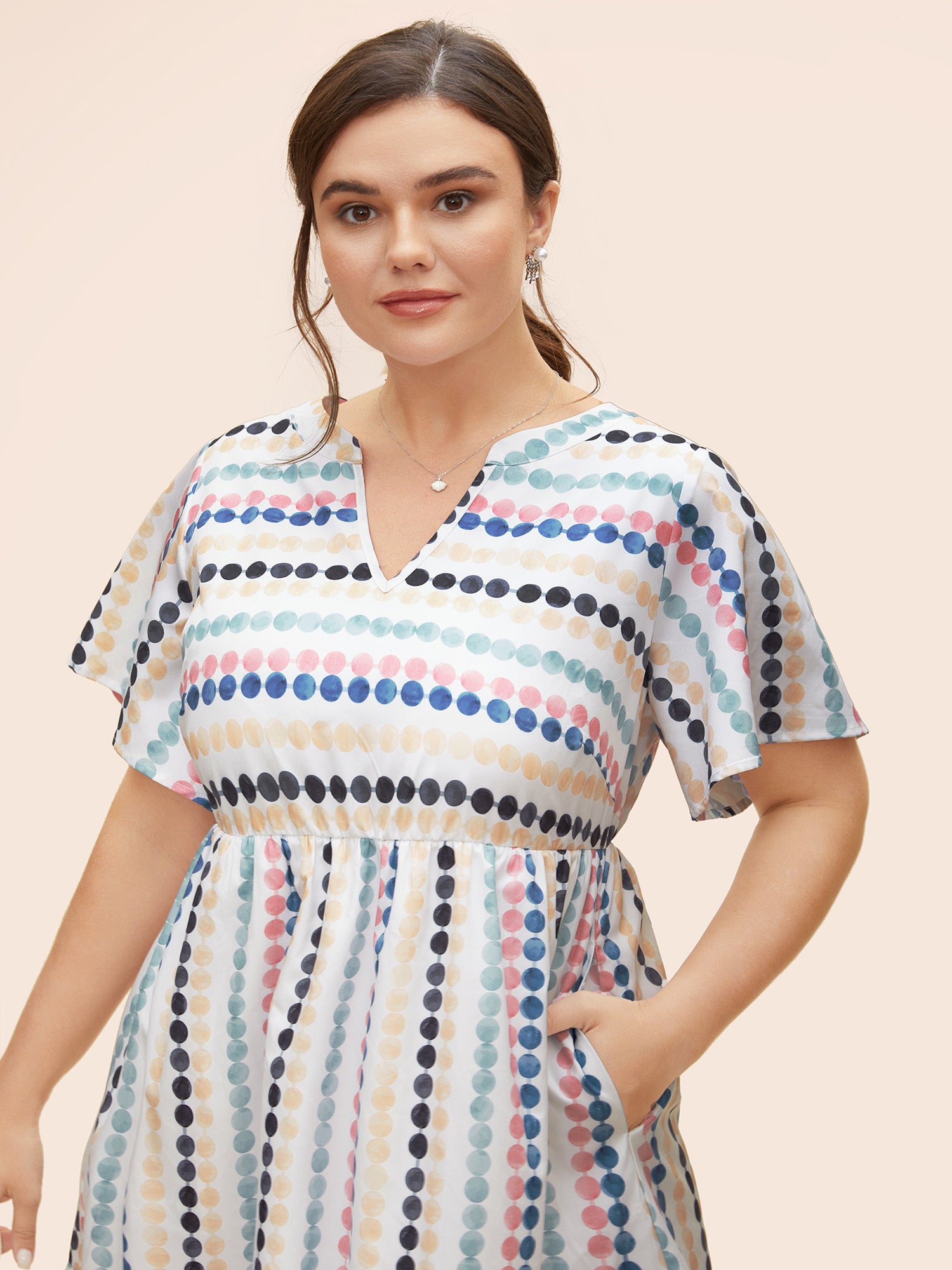 Dot Print Elastic Waist Split Neck Mini Dress