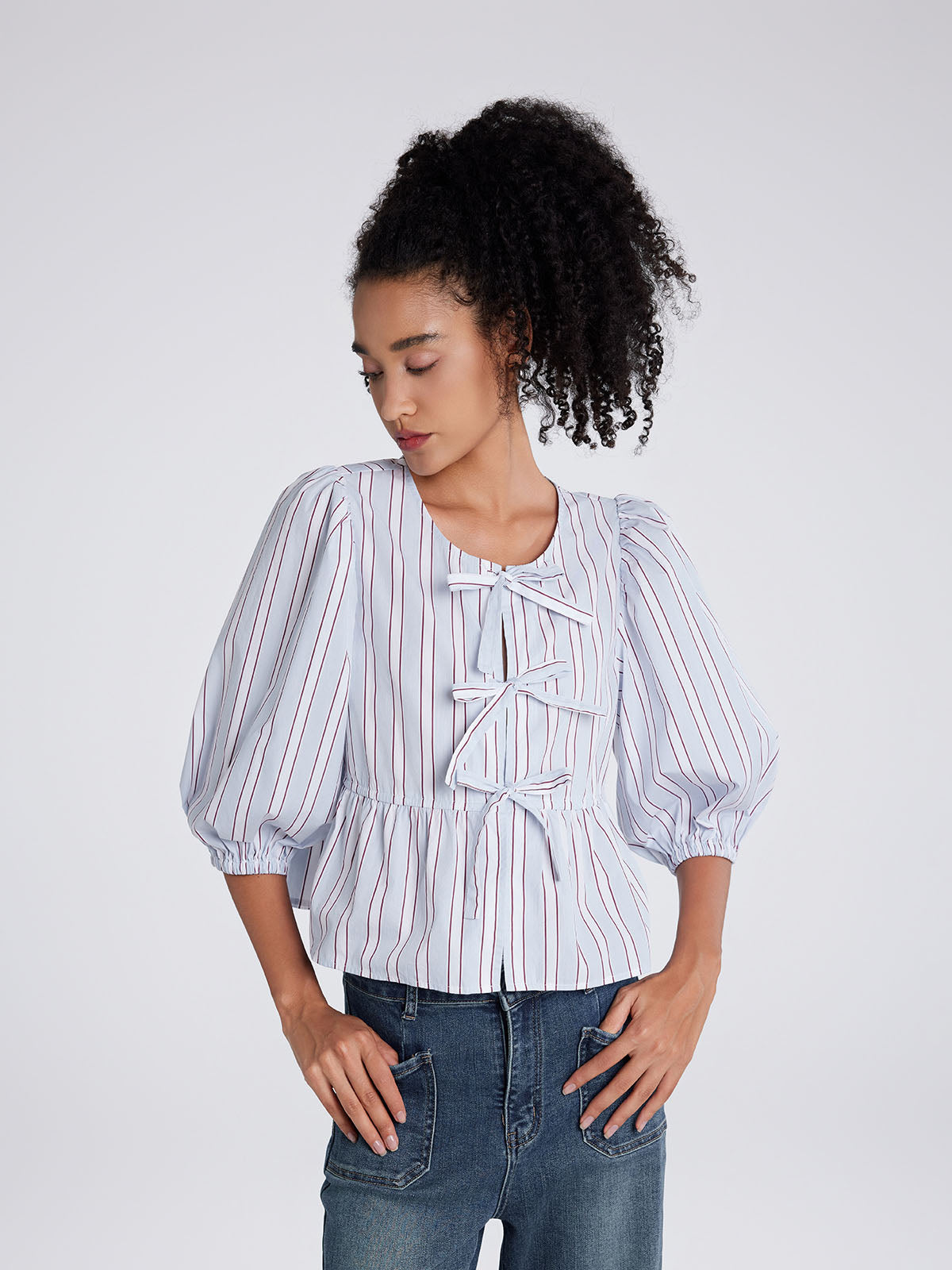 ASOBIO Bow Tie Front Peplum Shirt