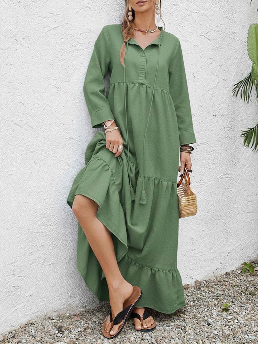 Women's Solid Color Round Neck Long Sleeve Casual Loose Cotton Linen Dress