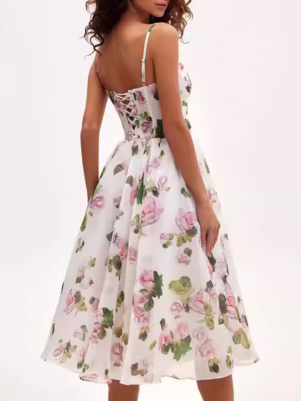 Flower Printed Ruffled Pleated Sleeveless Spaghetti-Neck Chiffon Midi Dresses