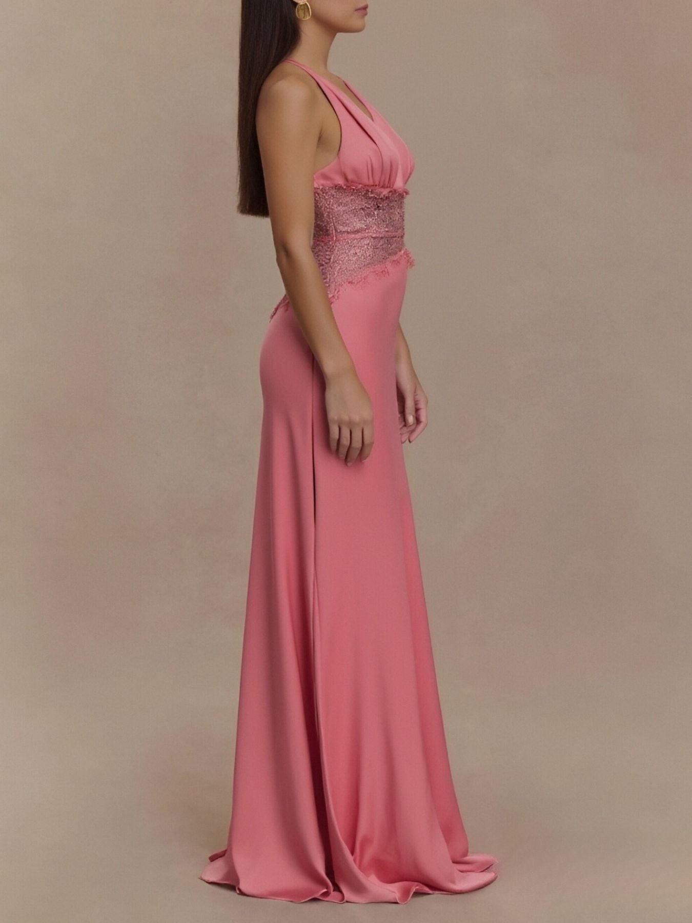 Halter Neck Lace Trimmed Maxi Dress