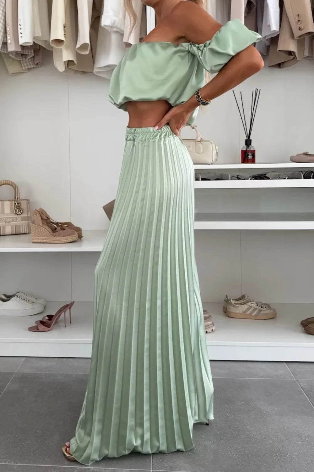 Off-Shoulder Top and Pleated Pants Set