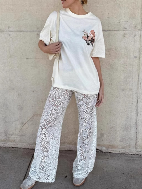 See-Through Lace Sexy Wide-Leg Pants Hollow Trousers Causal Pants