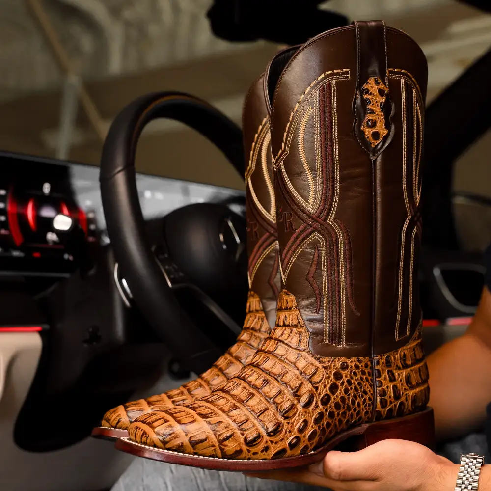 Honey Caiman Hornback Leather Boots - Square Toe