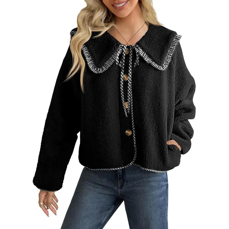 Womens Fuzzy Fleece Jacket Peter Pan Collar Button Down Fall Winter Sherpa Coats