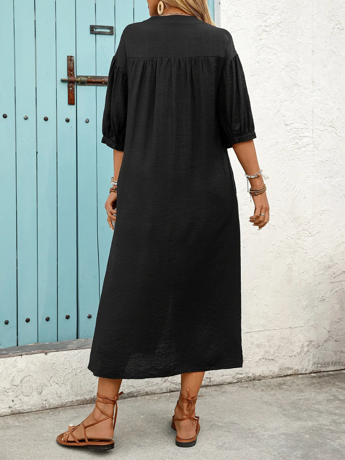 Embroidered Notched Half Sleeve Midi Dress