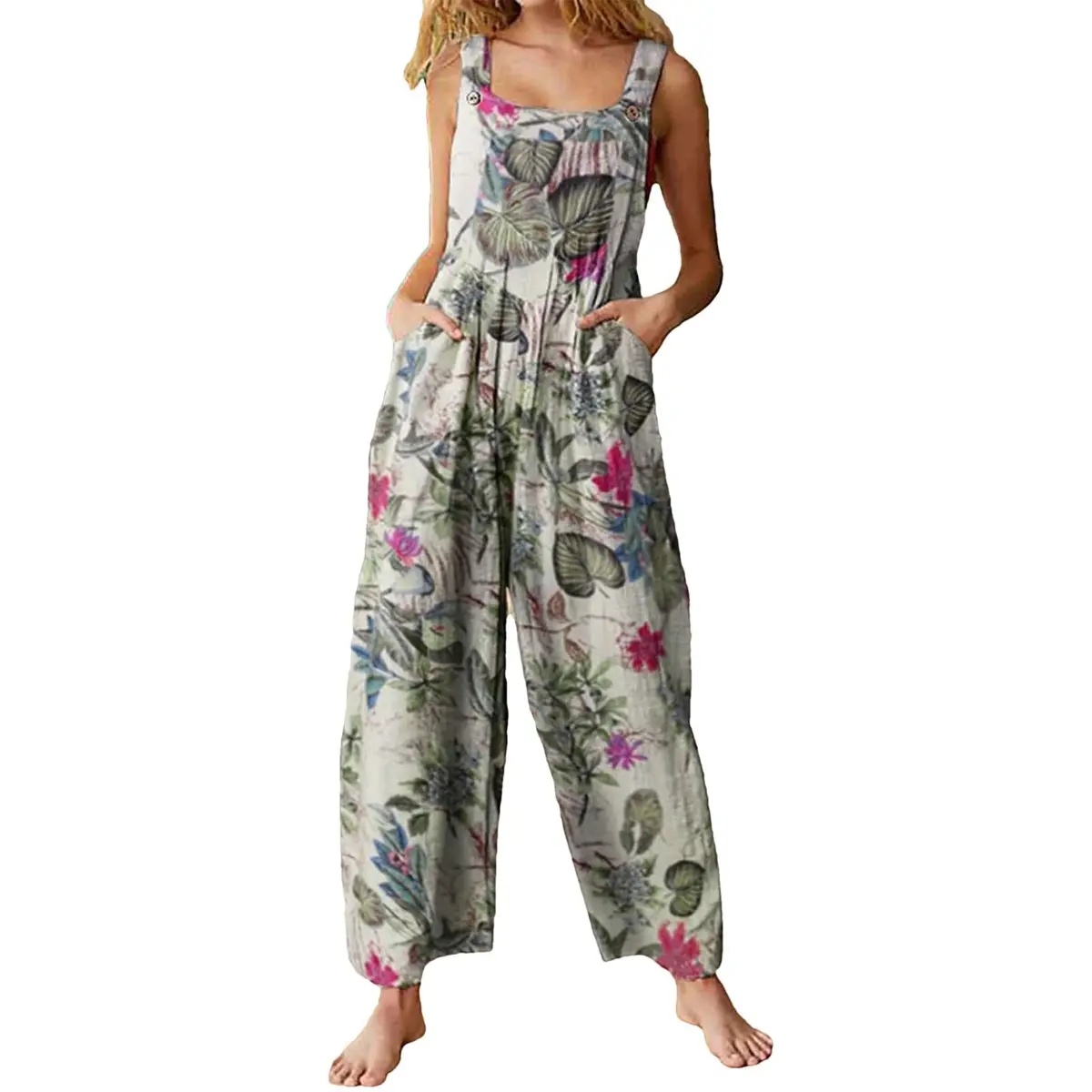 Tanming Women's Patchwork Dual Pocket Jumpsuit Loose Floral Print Bohemian Wide Leg Bib Overall Springfresh