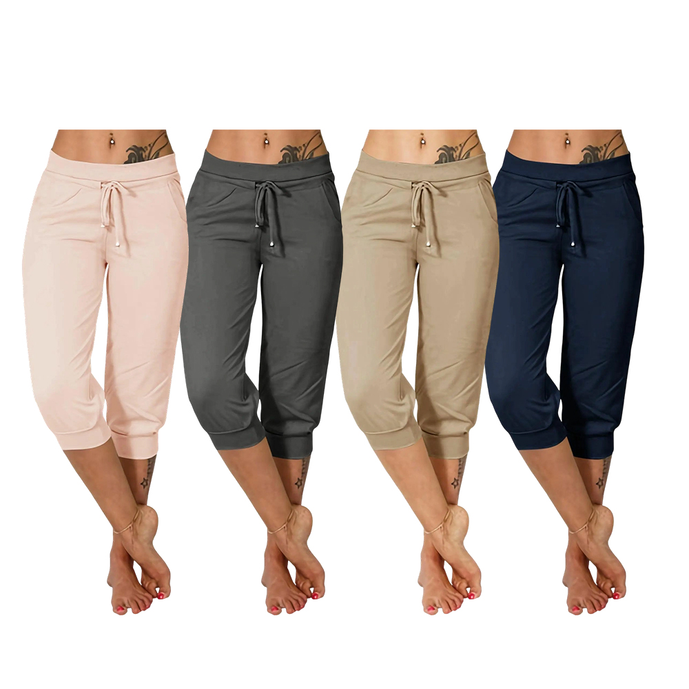 Women's Plain Drawstring Waist Capris Pants, Casual Pocket Trousers for Daily Wear