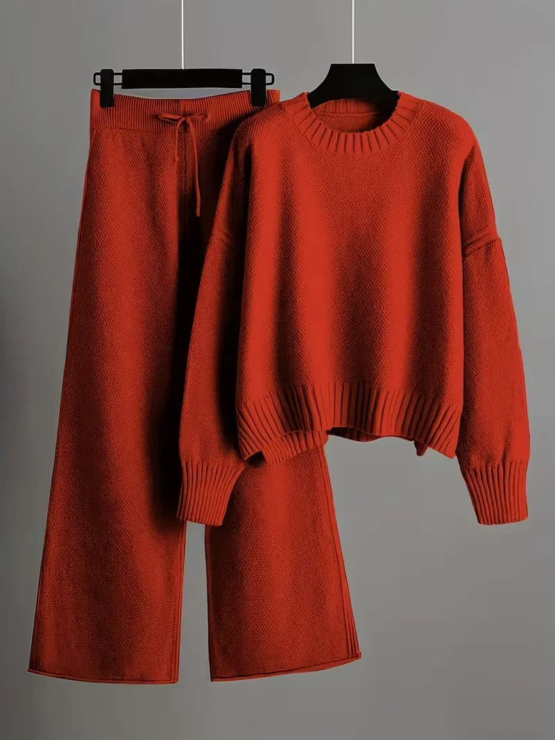Elegant Seed Stitch Knit Sweater & Wide-Leg Pants Two-Piece Set