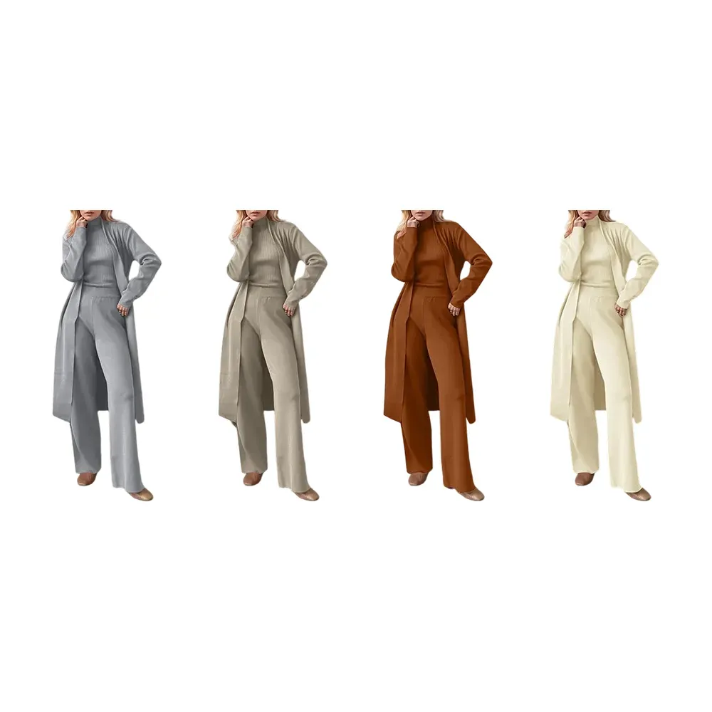 Three-Piece Set - Knit Turtleneck Tank & Wide Leg Pants With Long Cardigan