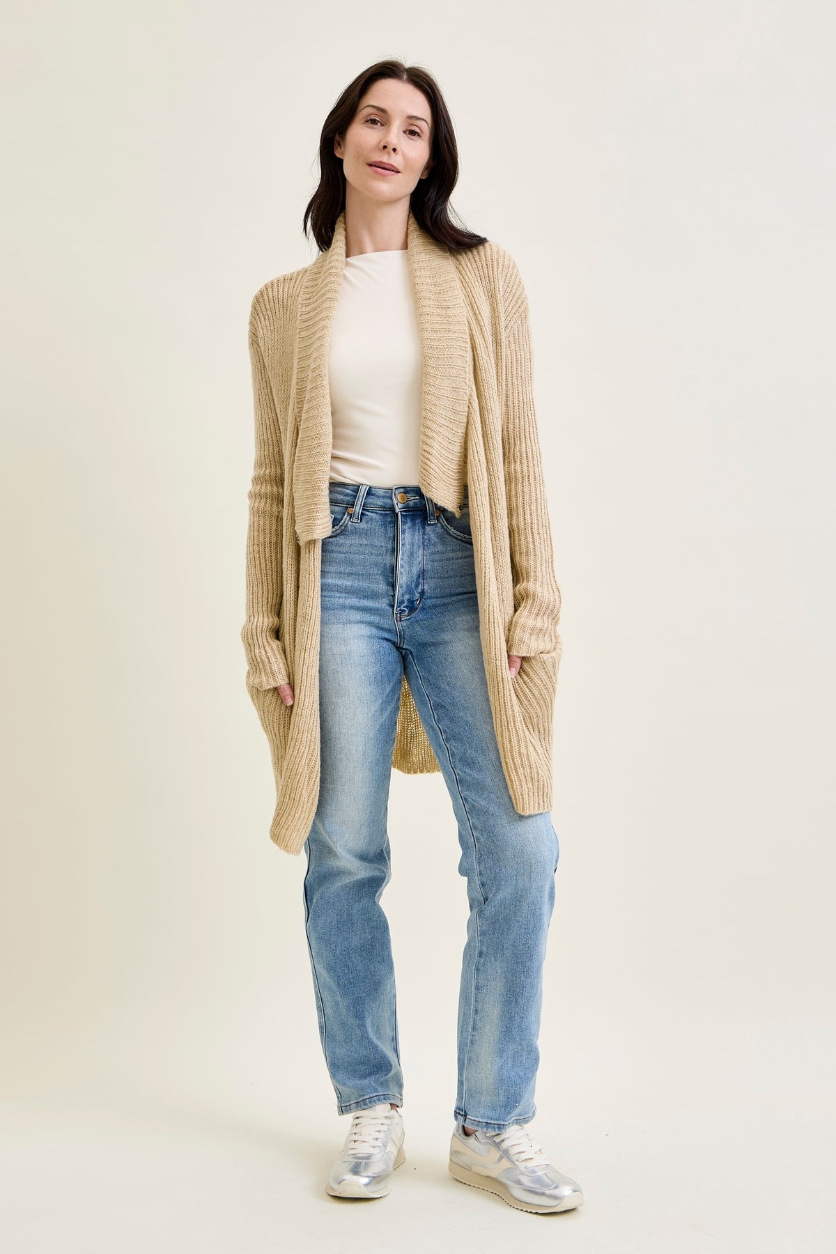 Drape Front Cardigan Beige Sweater