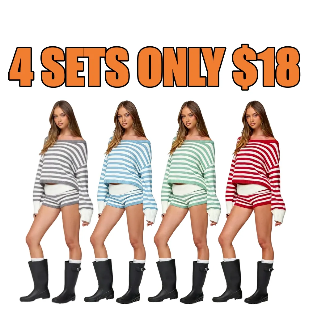 Women's StripedKnit Casual Sweater & Shorts Set