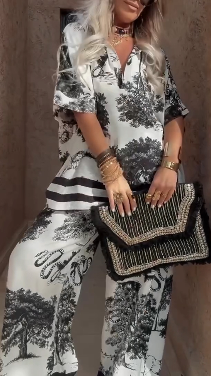 Women's V-neck Top + Printed Trousers Casual Suit