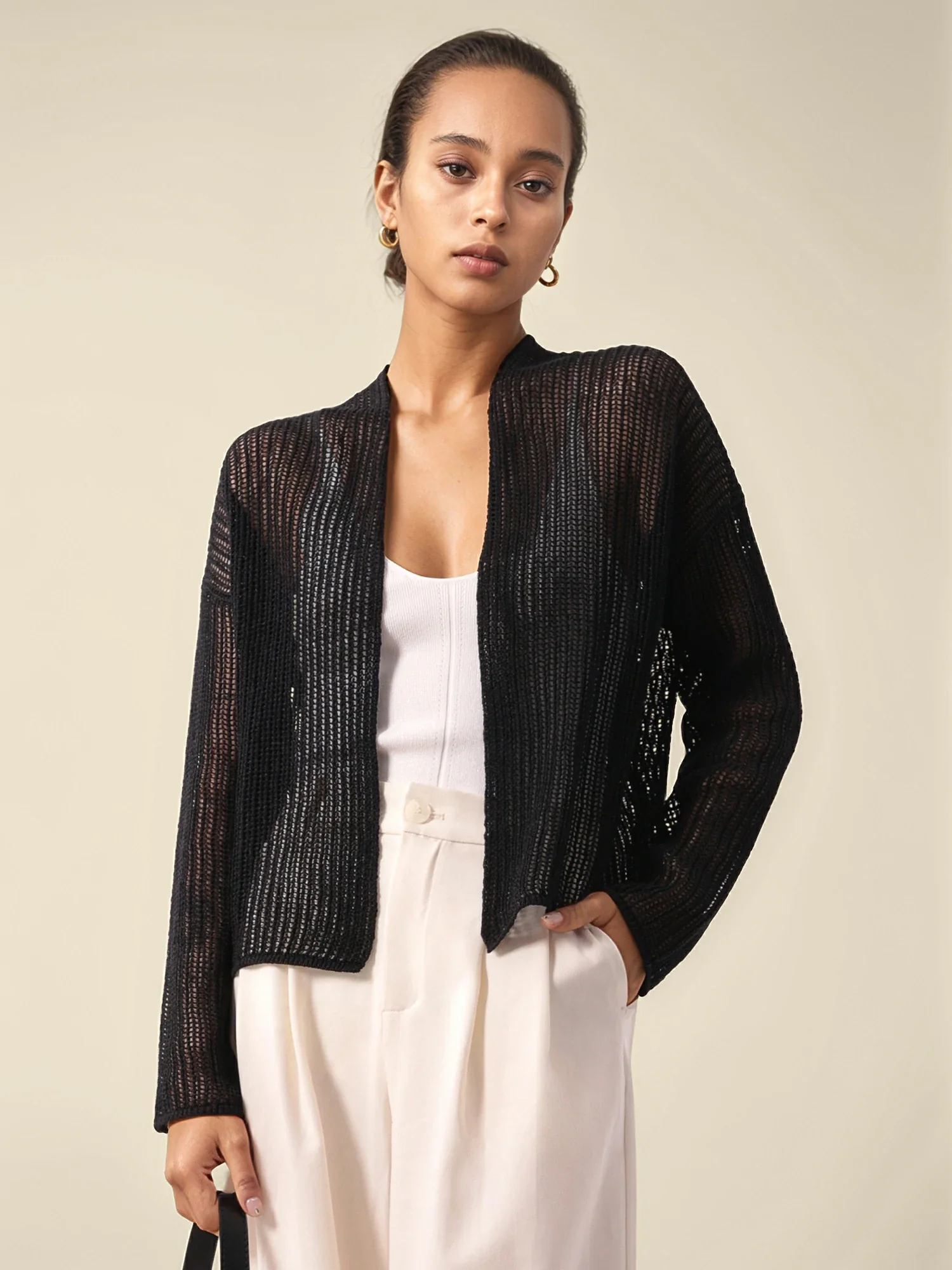 Cotton & Lyocell Long Sleeve Hollow Cardigan