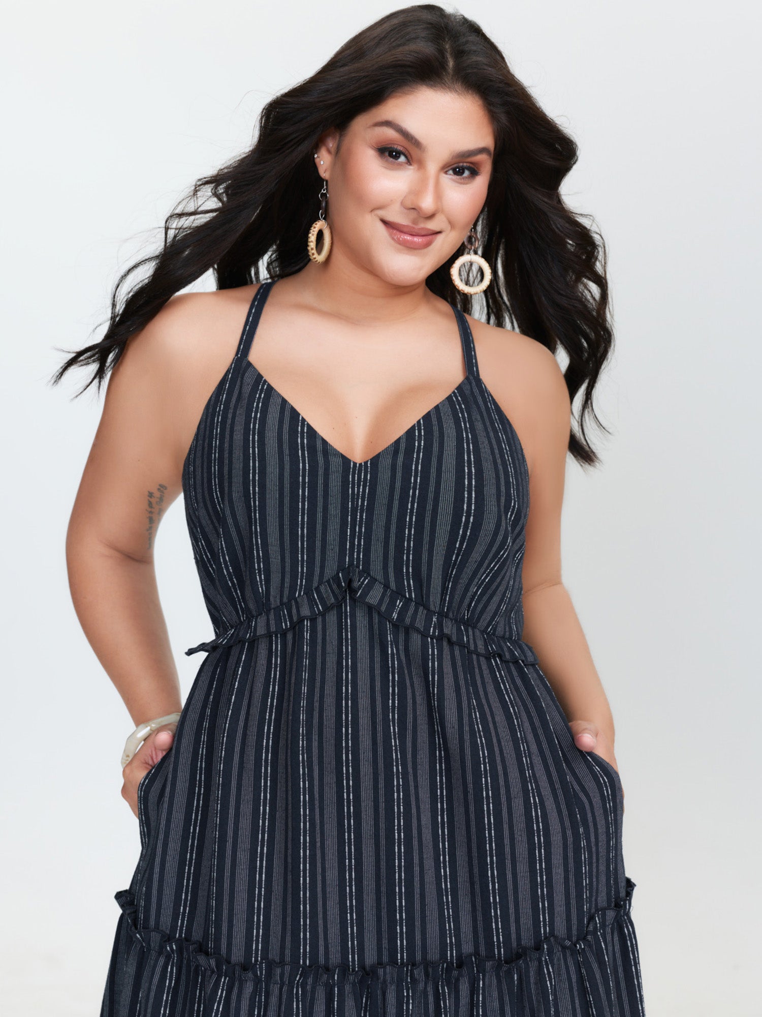 Striped Linen Blend Tiered Maxi Dress