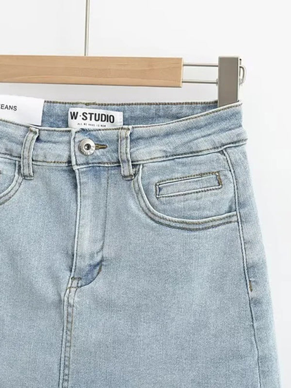 High-Waist Elastic Slim-Fit Distressed Edge A-Line Denim Mini Skirt