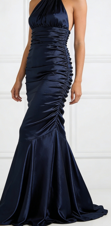 Slinky Ruched Halter Maxi Dress (Navy & Charcoal Gray)