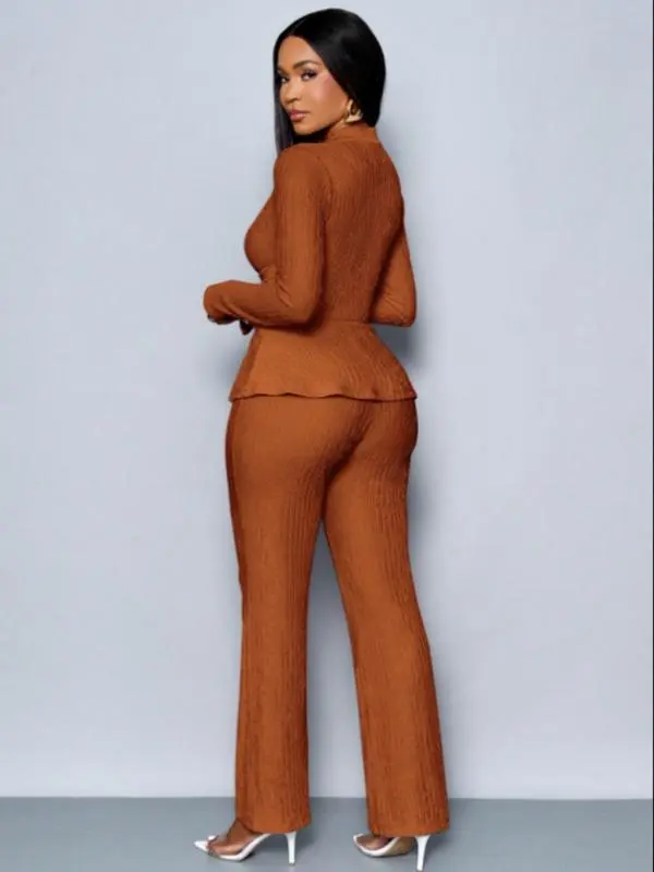 Women's Elegant V Neck Long Sleeve T-Shirt And Wide Leg Pants Two Piece Set