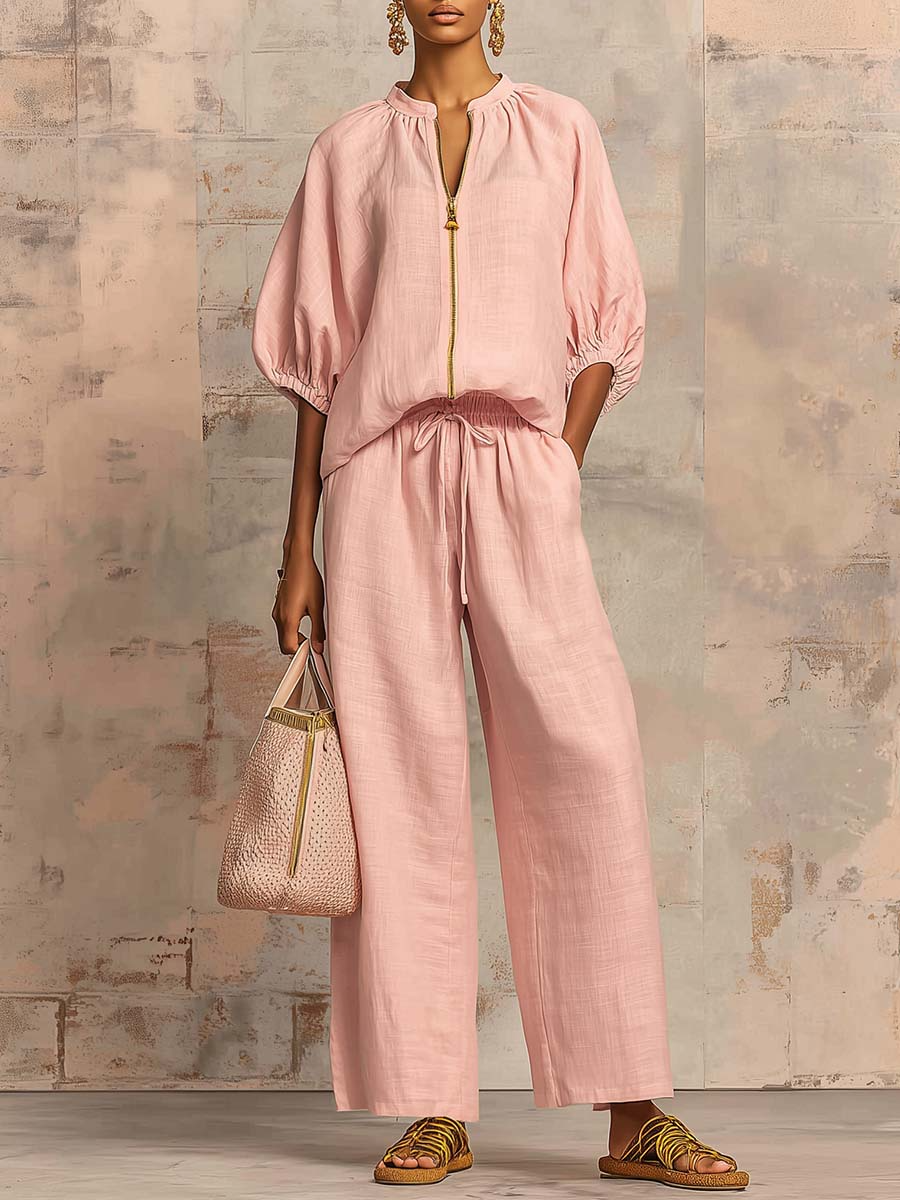 Stylish Cozy Shirt & Wide-Leg Pants Linen Cotton Two-Piece Set