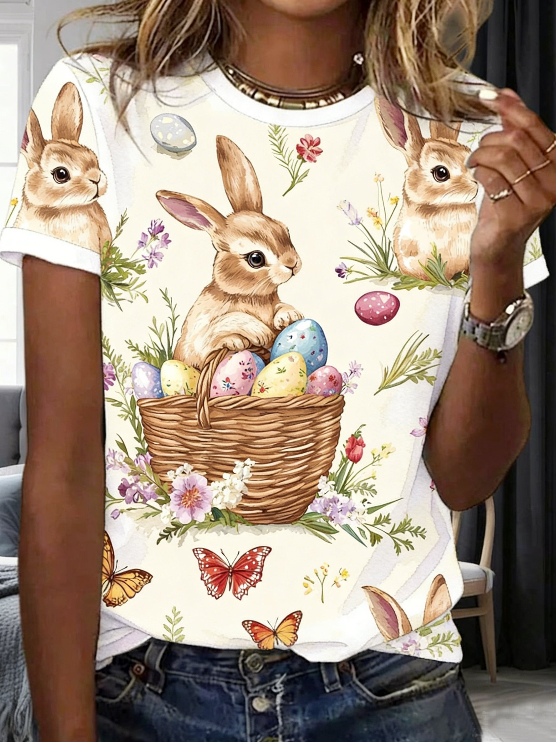 3D Printing Easter Rabbit Floral Crew Neck Short Sleeve Summer Casual T-Shirt