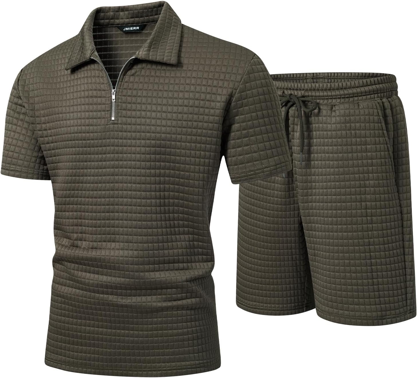 Men's 2 Piece Waffle Knit Outfit Half Zip Polo Shirt and Shorts Textured Summer Set