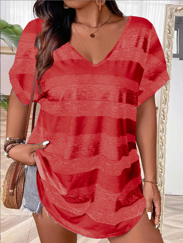 Plus Size Striped V-Neck T-Shirt for Women – Casual Summer Short Sleeve Top, Lightweight Breathable Tee for Daily Wear (Sizes S–5XL)