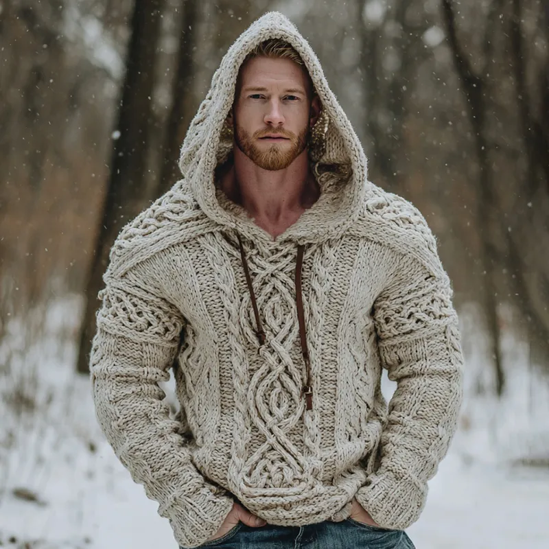 Vintage Fairman Island Celtic Knot Art Jacquard Thick Warm Hooded Sweater