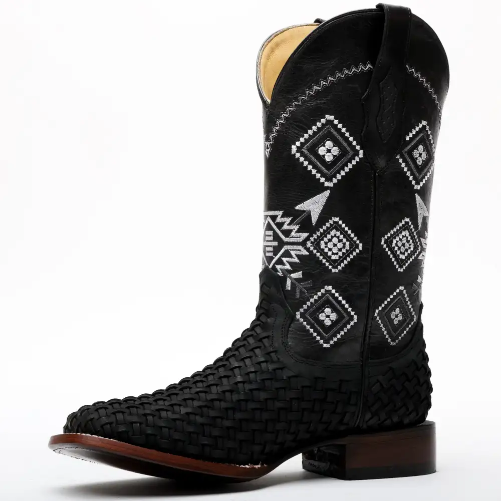 Black Basketweave Leather Boots - Square Toe