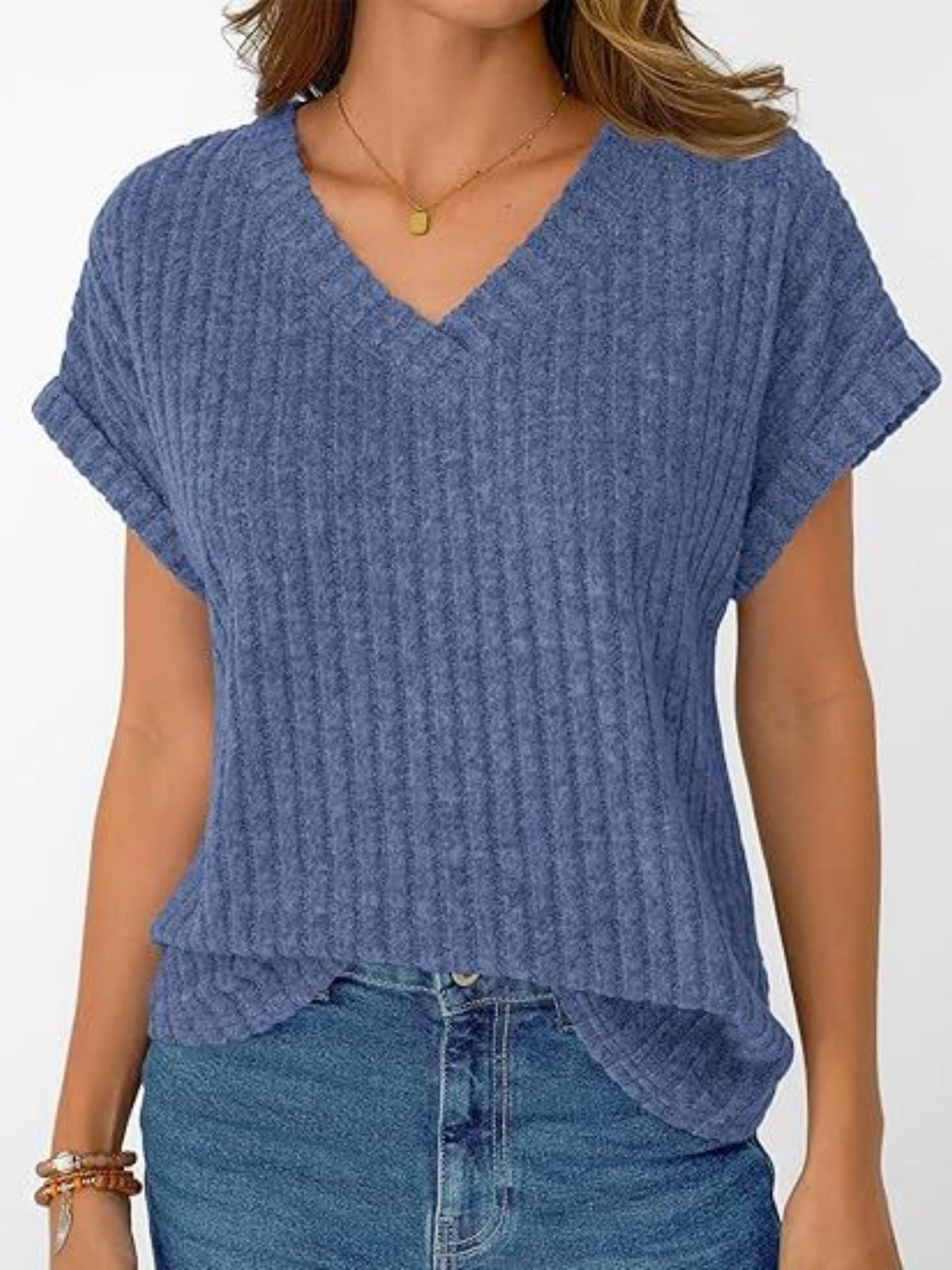 Ribbed Knit V-Neck Relaxed Fit T-Shirt